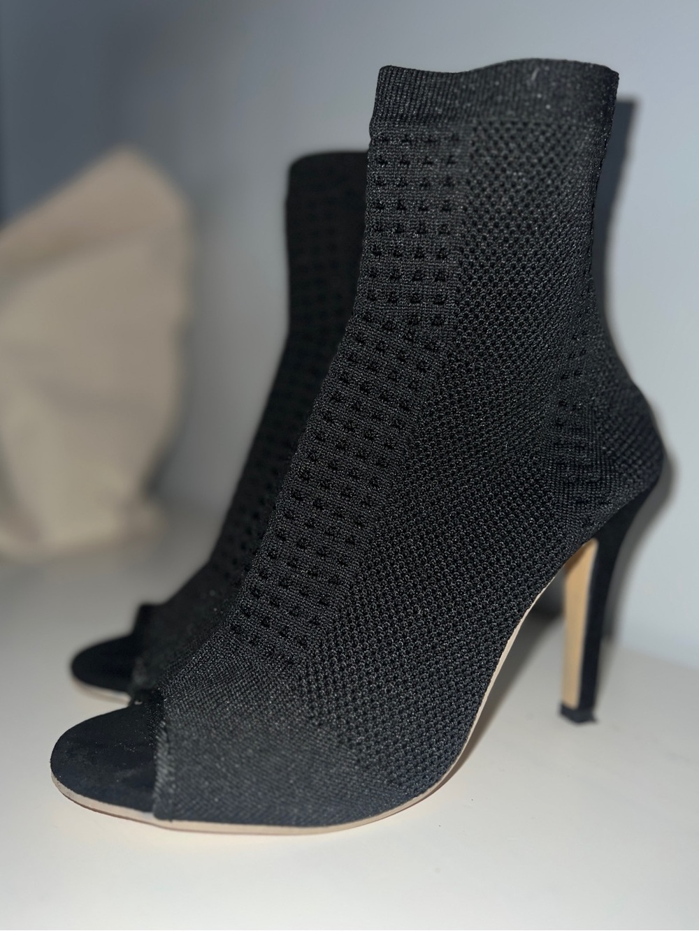 SHEIN Black Knit Peep-Toe Stiletto Sock Boots